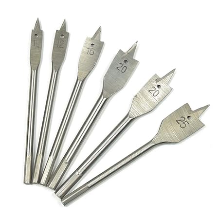 KKmoon 6Pcs Wood Flat Drill Sets 10mm-25mm Steel Woodworking Spade Drill Bits Hex Shank Flat Drill Hole Puncher Sets Woodworking Tool