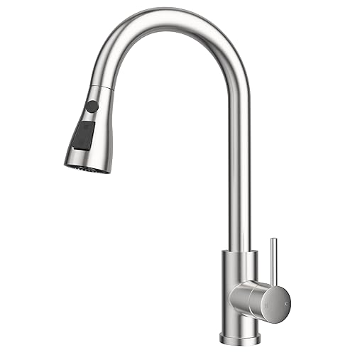 WLTEDRGO Brushed Stainless Kitchen Tap, 360° Swivel Kitchen Sink Taps with Pull Out Spray, Stainless Steel Mixer Tap with 3 Functions, 1 Hole Single Lever High Arc Sink Taps, High Pressure Faucet
