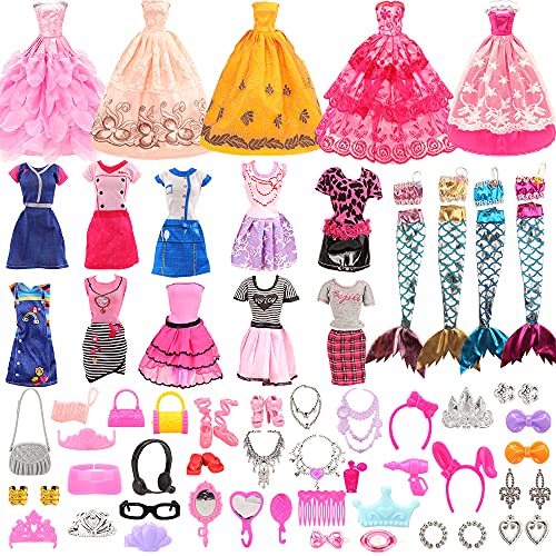 Miunana Lot 62 Items Doll Clothes and Accessories for 12 inch Girl Dolls Includes 4 Doll Dress 4 Large Skits 4 Mermaid Dress 10 Doll Shoes 40 Doll Accessories (Random Style)