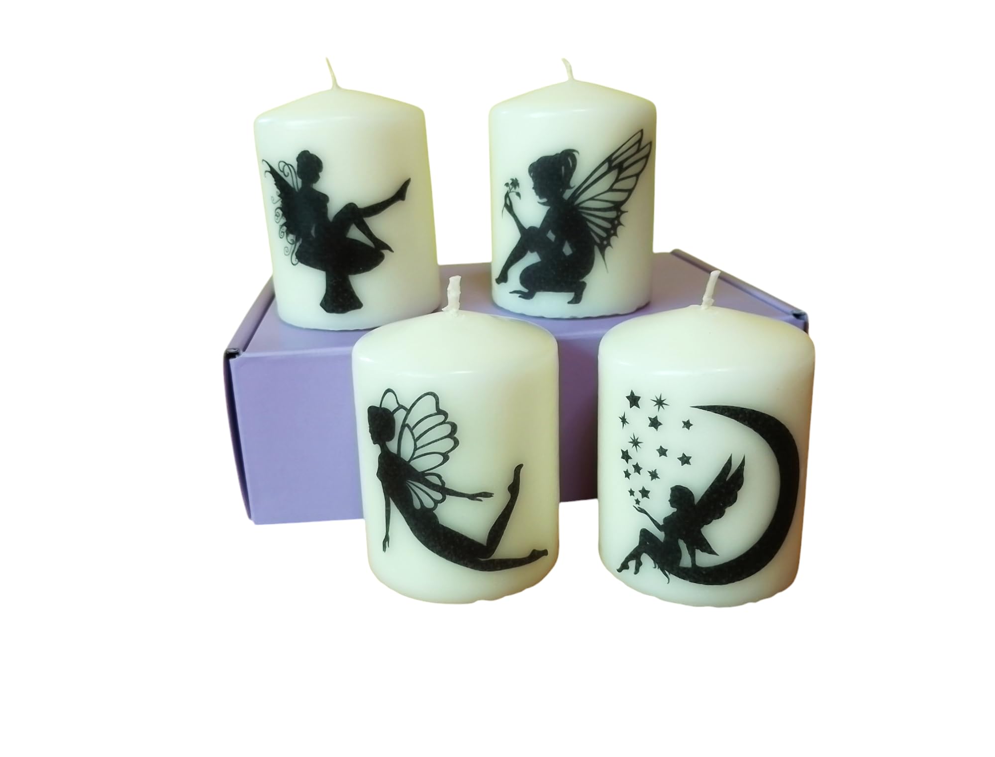 Pillar unscented Wax Candle Set of Four Enchanting Fairy-Themed Decoration Black and White Relax Meditation Home Decor with Gift Box Romantic Festive Cozy
