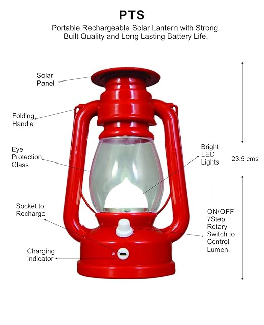 PTS - LED Solar Lantern Emergency Light - Rechargeable, Portable - Travel Camping Lantern - Made in India - Pakiza - Red