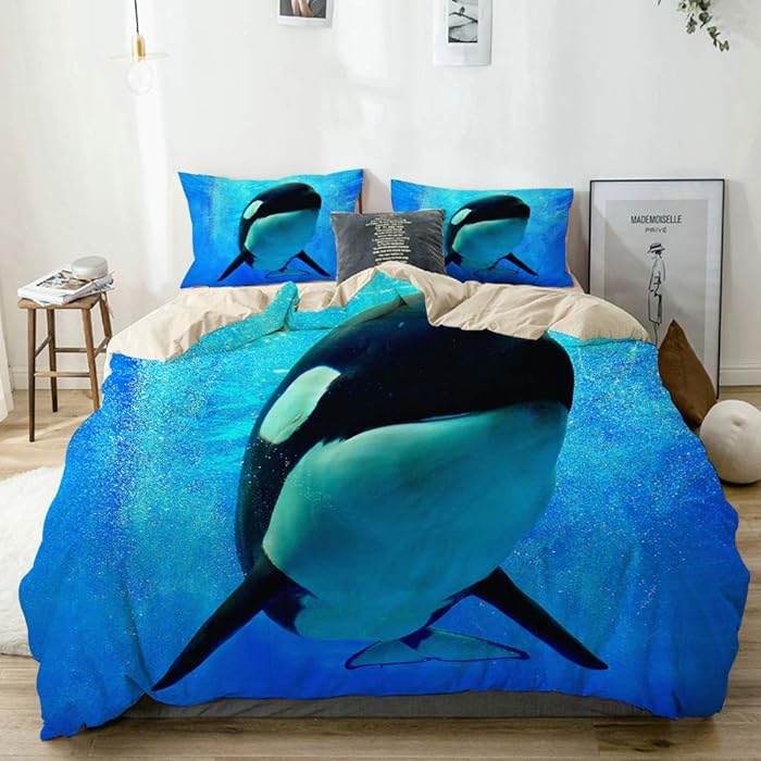 MOTINE Duvet Cover Sheet Set,Beige,Foam World Sea Orlando San Diego and Blue Orca Shark Whale Swimming Underwater,Soft Microfiber Bedding Set-3 Piece Set,King