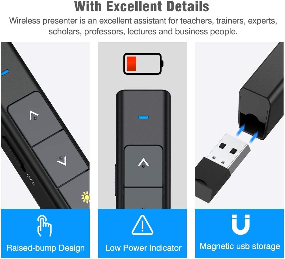 DinoFire Presentation Clicker 100FT Wireless Presenter Remote PowerPoint Clicker Presentation Remote, RF 2.4GHz USB Presentation Pointer PPT Clicker for Mac, Keynote, Laptop, Computer, Google Slides : Electronics