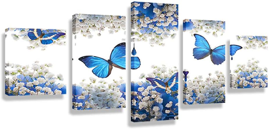 CyioArt - 5 Panels Framed Flowers Blossom Blue White Butterflies Modern Artwork Giclee Canvas Prints Abstract Pictures Paintings on Canvas Wall Art for Living Room Bedroom Home Decorations Wall Decor