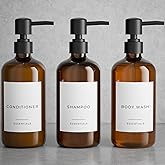 Stylish Shampoo and Conditioner Dispenser Set of 3 - Modern 21oz Shower Soap PET Bottles with Pump and Labels - Easy to Refill Body Wash Dispensers for an Instant Bathroom Decor Upgrade