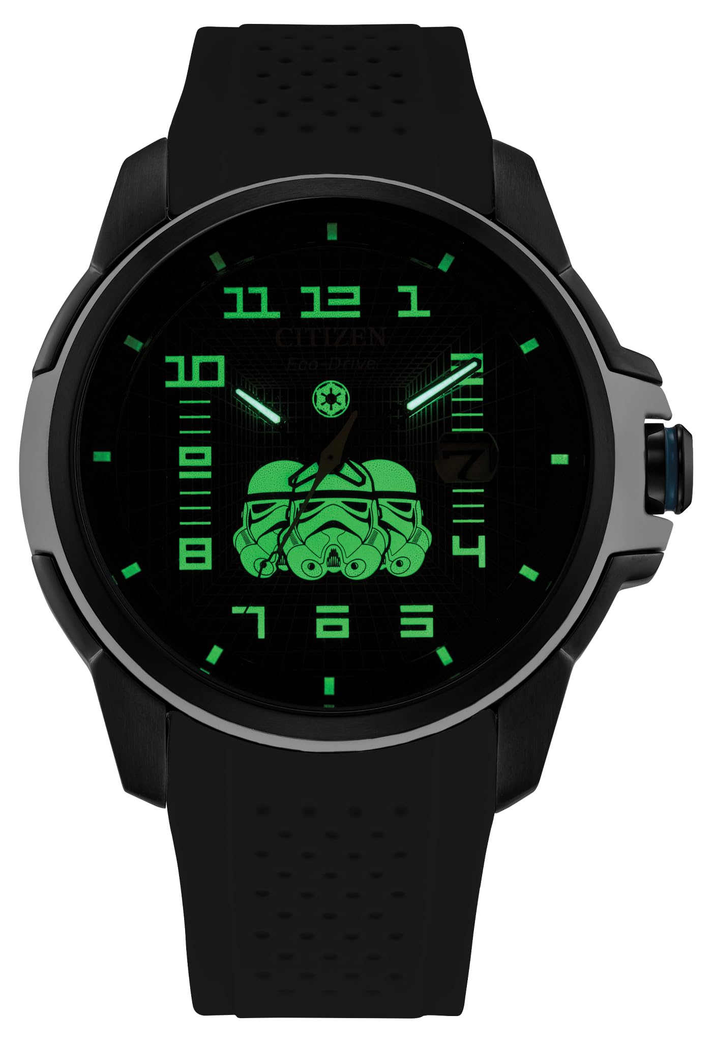 Citizen Men's Eco-Drive Star Wars Imperial Storm Trooper Black Ion Plated Stainless Steel Case Watch, Perforated Black Silicone Strap, Black Dial, 3 Hand (Model: AW1659-00W)