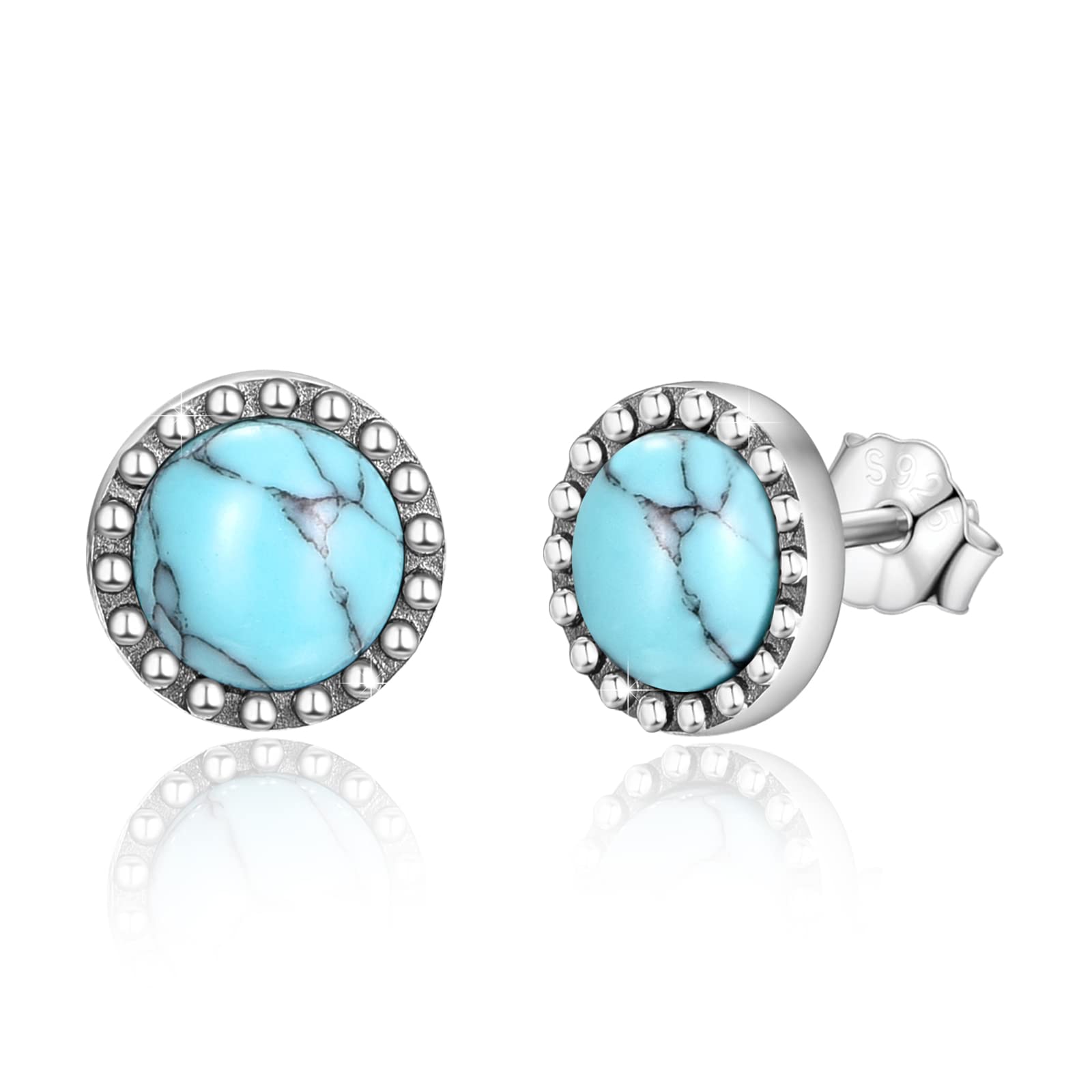 Turquoise Earrings 925 Sterling Silver Round Circle Turquoise Stud Earrings for Sensitive Ears Turquoise Earrings Gemstone Jewellery Gift for Women Daughter Girls