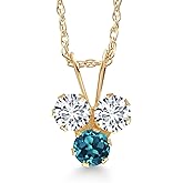 Gem Stone King 14K Yellow Gold White Lab Grown Diamond and London Blue Topaz 3-Stone Pendant Necklace For Women (0.33 Cttw, Gemstone April Birthstone, Round 3MM, 18 Inch Chain)