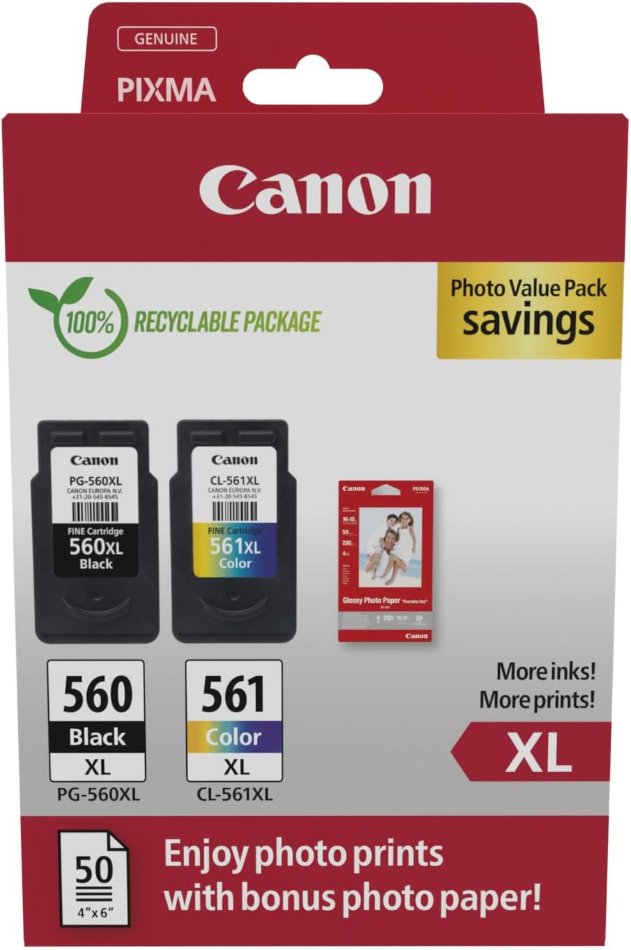 Canon Ink & Paper Multipack PG-560XL CL-561XL 2 Pack + 50 Sheet Photo Paper