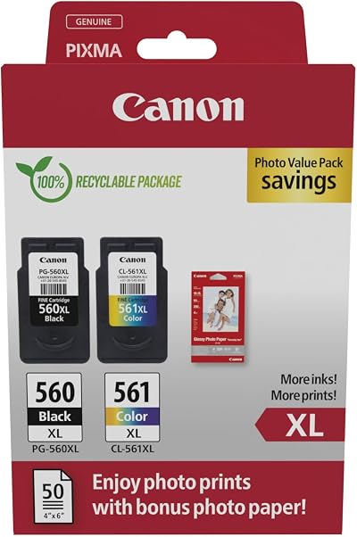 Canon Ink & Paper Multipack PG-560XL CL-561XL 2 Pack + 50 Sheet Photo Paper