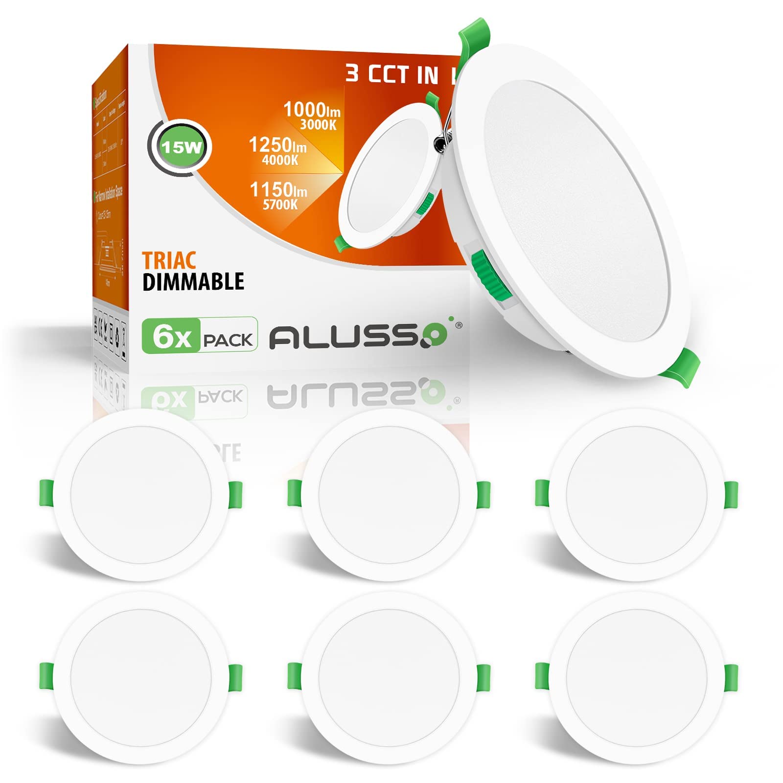 LED Downlights 15W Ultra Slim Recessed Ceiling Spot Lights Dimmable 1200LM, Warm White 3000K Neutral White 4000K Cool White 6500K Adjustable, IP44 Waterproof Lamp for Bathroom Living Room, 6 Pack