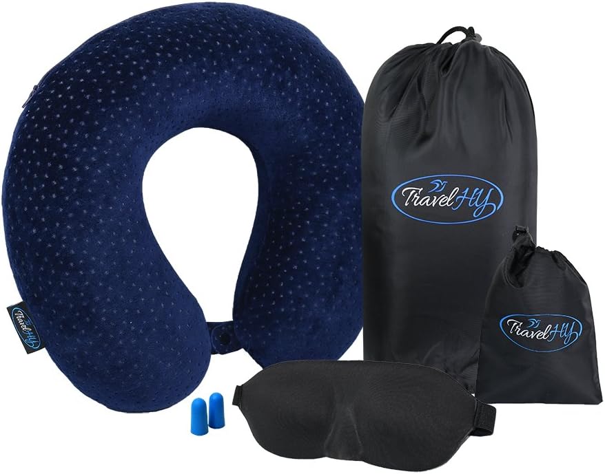TravelHY Memory Foam Travel Pillow Adjustable Snaps to Comfort, Piggyback to Luggage Carry Bag, with Silky Sleeping Mask and Pouch - Ear plugs, Washable Velour Case (Dark Blue)
