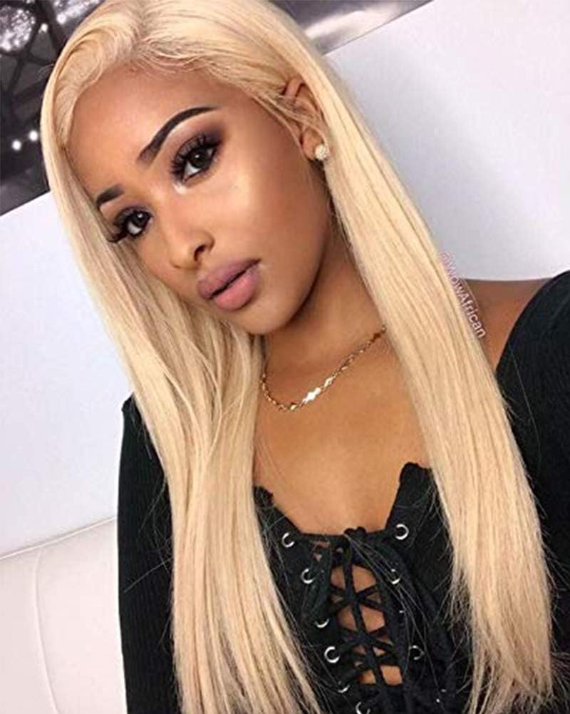 AZWIG 13x6 Lace Front Wig Kanekalon Fiber Synthetic Wig for Women Long Silky Straight Lace Front Wig Soft&Smooth Comfortable and Adjustable Elastic Straps for Perfect Fit 613# Blonde 22inches