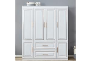 TrendTerrace 4-Door Armoire Wardrobe Closet, 2 Wooden Drawers Tall Cabinet Closet Wardrobe for High Storage Capacity, White Closet Cabinet with 2 Shelves and Hanging Rod 63" L x 20.3" W x 74" H