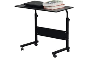 UFURNI Rolling Wood TV Tray Table Adjustable Magazine Snack Table on Wheels Portable Mobile Laptop Desk Beside Sofa Couch Bed C-Shaped Dinner Tray Tables for Living Room Bedroom(31.5" L x 15.7" W) - Black