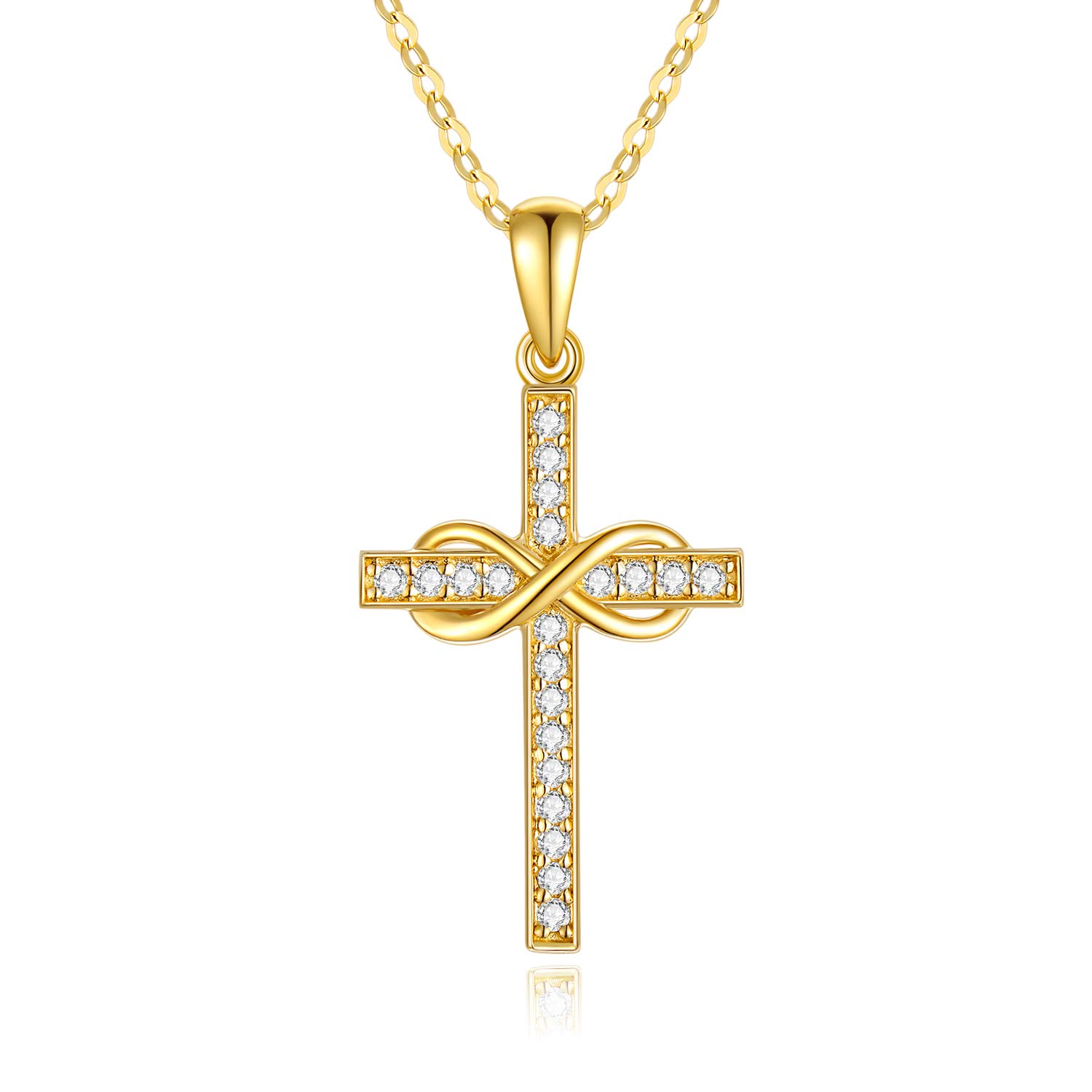 SISGEM 9 ct Gold Cross Necklace for Women, Solid Gold Small Infinity Cross Pendant Necklace with Cubic Zirconia, for Girl Ladies Sisters Mum Men Brothers Boys Dad, 16+1+1inch