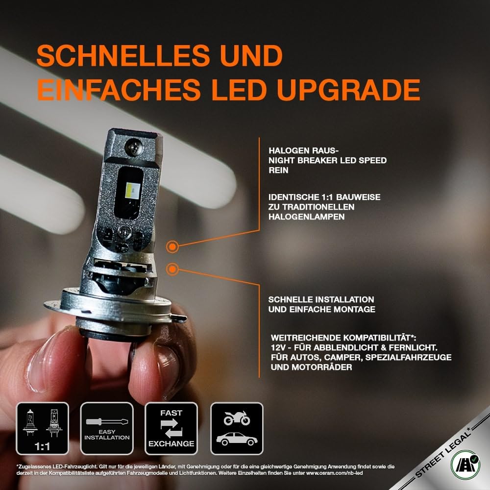 OSRAM NIGHT BREAKER LED SPEED H7 450, LED-Fern- und Abblendlicht mit Straßenzulassung, bis zu 450% mehr Helligkeit, 6000K,schnelle Installation, kein mechanisches Zubehör notwendig, LEDEC02 integriert 3