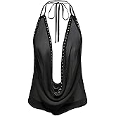 MakeMeChic Women's Going Out Cowl Neck Tops Rave Open Back Backless Top Sheer Mesh Halter Top