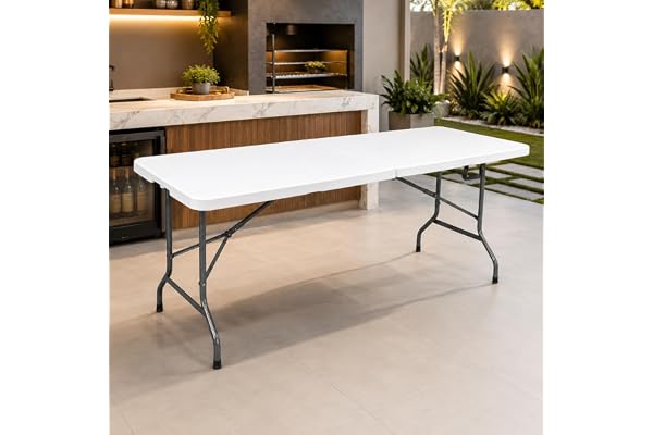 Mesa Dobrável 180x70cm Portátil Branca Maleta Resistente Até 150kg Para Festa Churrasco Camping Eventos