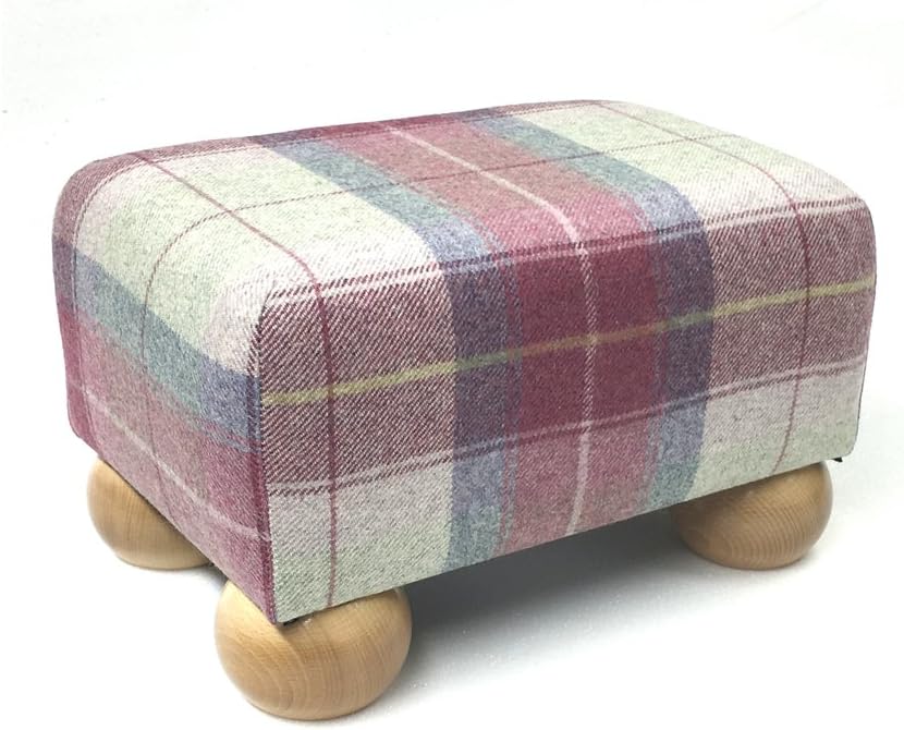 Small Footstool, Heather (Pink) Tartan Fabric, Natural Wood Bun Feet, Dimensions 13" x 9" x 8" (high), Weight 3kg