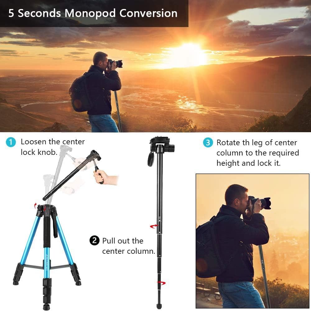72-Inch Camera/Phone Tripod, Aluminum Tripod/Monopod Full Size for DSLR with 2 Quick Release Plates, Universal Phone Mount and Convenient Carrying Case Ideal for Travel and Work - MH1 Blue : Camera & Photo
