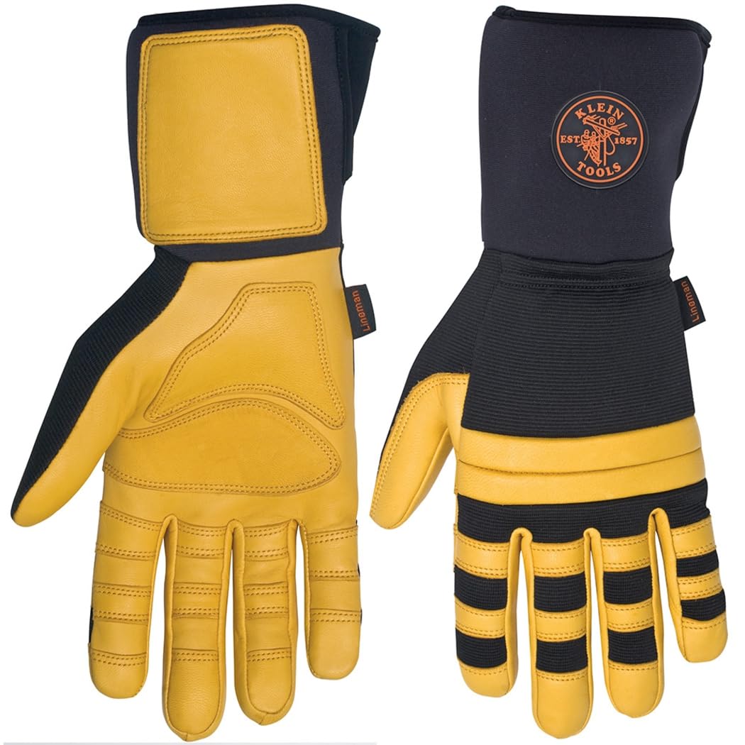 KLEIN TOOLS 40080 Work Gloves, Durable Soft Grain Leather Lineman Gloves with Padded Knuckles, Medium