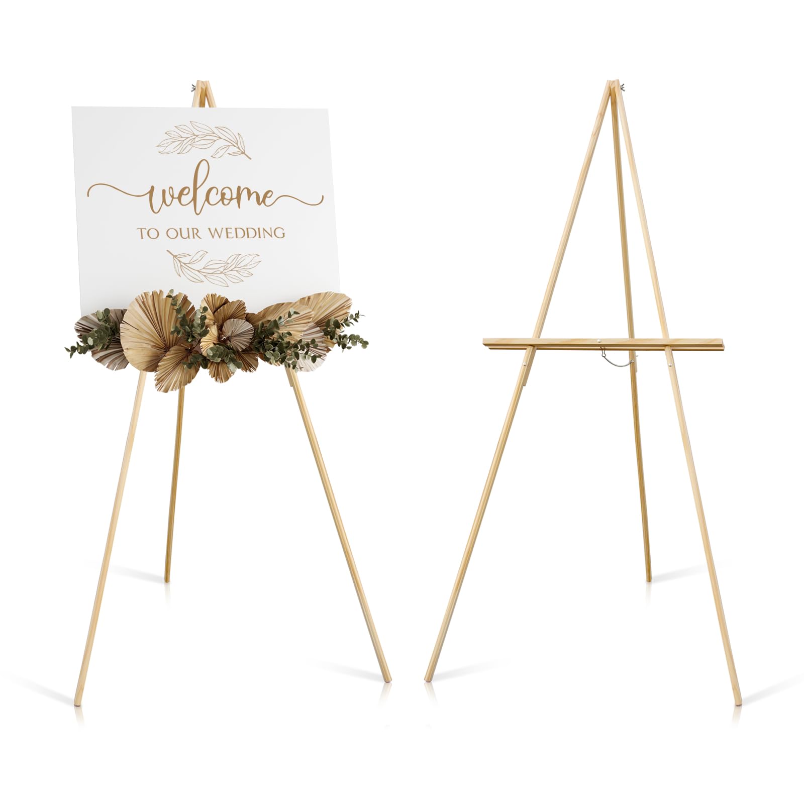NianFeng Wooden Easel Stand for Sign, Easel Display Stand Floor for Wedding Sign with Adjustable Tray, 63-Inch, Tripod A-Frame Poster Light Duty, Welcome, Art Show & Baby Shower (Natural)