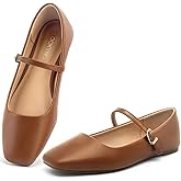 Lookyno Brown US 11 Womens Ballet Mary Jane Flats Shoes Adjustable Strap Square Closed Toe Chic Footwear