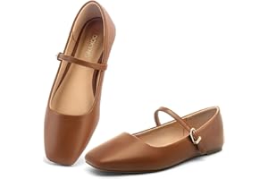 Lookyno Womens Ballet Mary Jane Flats Shoes Adjustable Strap Square Closed Toe Chic Footwear with Latex Insole