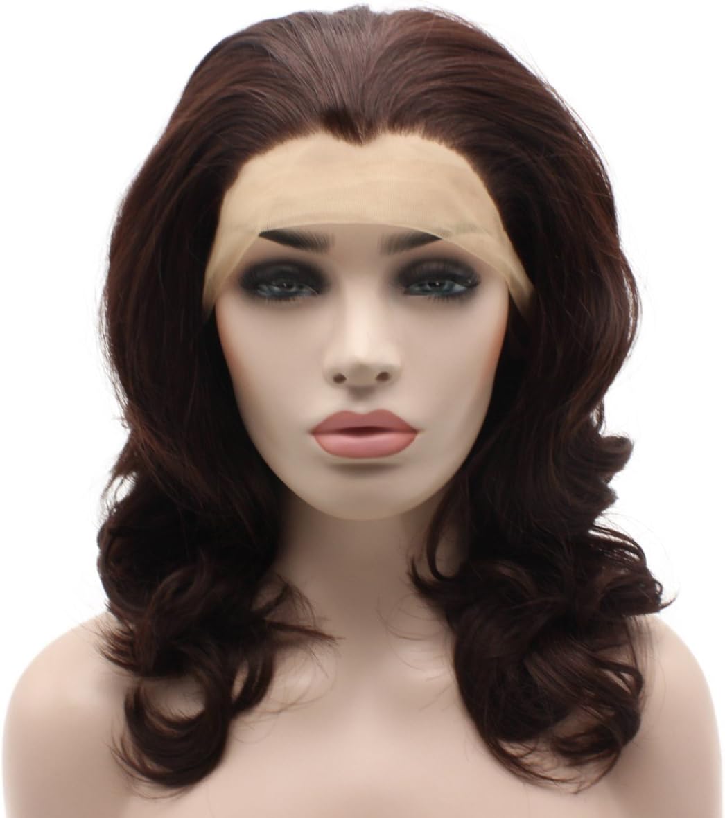 Iewig Auburn Lace Front Wig Shoulder Length Wavy Heat Resistant Fiber Hair Half Hand Tied