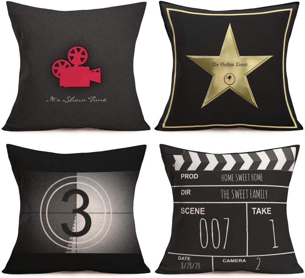 Movie Theater Cinema Personalized Throw Pillow Covers Cotton Linen Vintage Black Film-making Style Movie Projector Clapper Board Printed Home Decor Cushion Cover Pillow Case Set Of 4,18''x18'' 16X16in