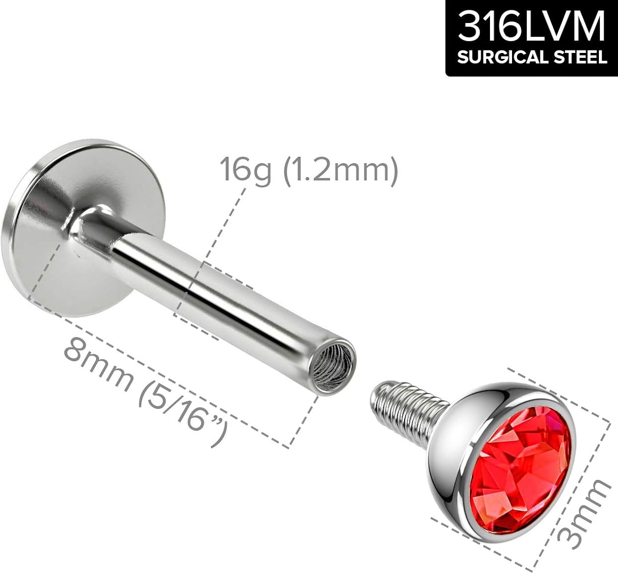 2pc 16g 1.2mm 8mm Labret Bar Stud Lip Ring Snake Bite Monroe Internally-Threaded Red Light Siam Crystal, Light Siam - 8mm - Image 3