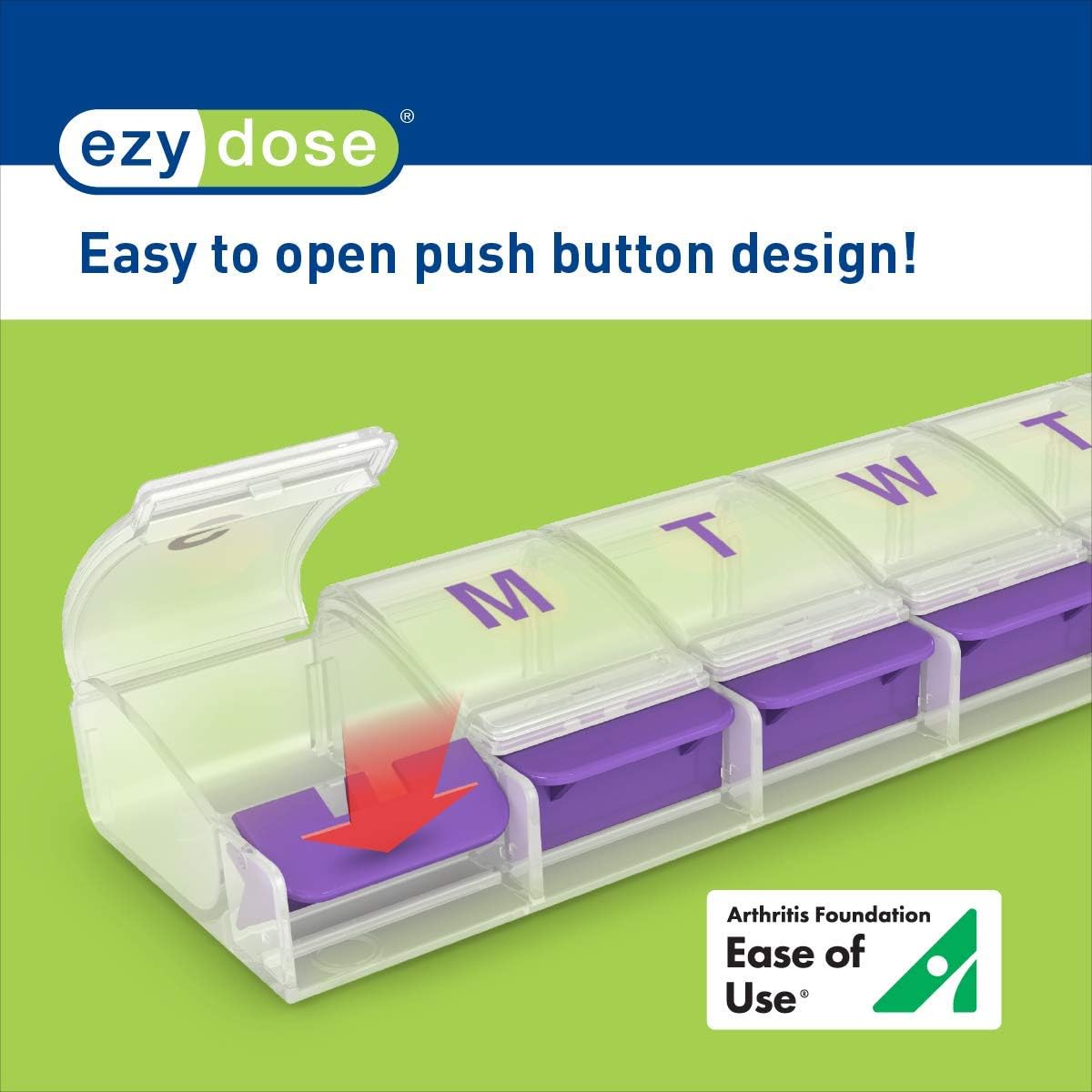 Ezy Dose Push Button (7-Day) Pill, Medicine, Vitamin Organizer Box | Weekly, Daily Planner | Large Compartments | Arthritis Friendly | Clear Lids: Health & Personal Care