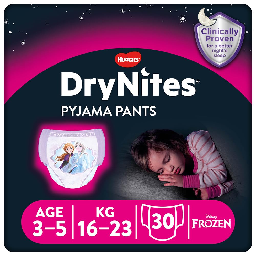 Huggies DryNites, Girls’ Night Time Pants - Sizes 3-5 Years (30 Pants) Monthly Pack - Ultra-Absorbent Pyjama Pants - Unbeatable Night Time Protection