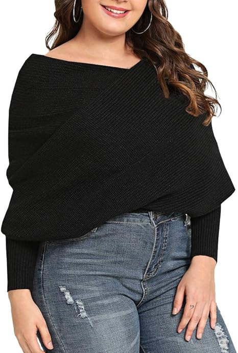 Womens Plus Size Off Shoulder Wrap Crop Sweaters Sexy V Neck Cross Fold Knit Pullover Jumper at 
