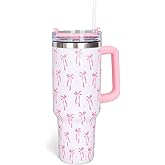 Whaline 40oz Valentine's Day Pink Bow Tumbler with Handle Straw and Lid Bow-Knot Travel Coffee Tumbler Cup for Women Friend Holiday Birthday Gift