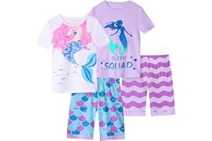 Vopawetty Girls 4-Piece Summer Pajamas Cotton Short Pjs Set Kids Sleepwear