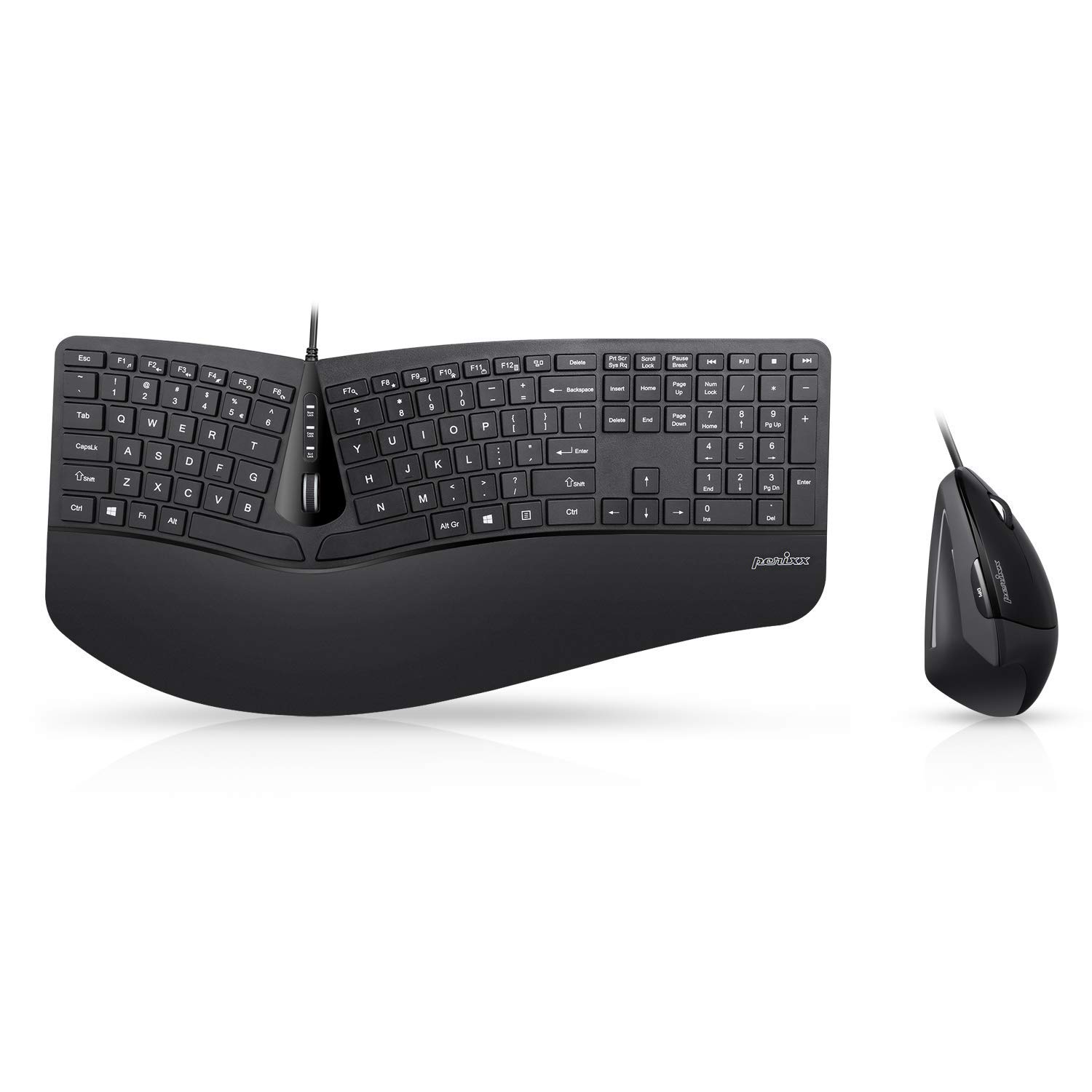 perixx Periduo-505, Wired USB Ergonomic Split Keyboard and Vertical Mouse Combo with Adjustable Palm Rest and Short Tactical Membrane Keys, US English Layout