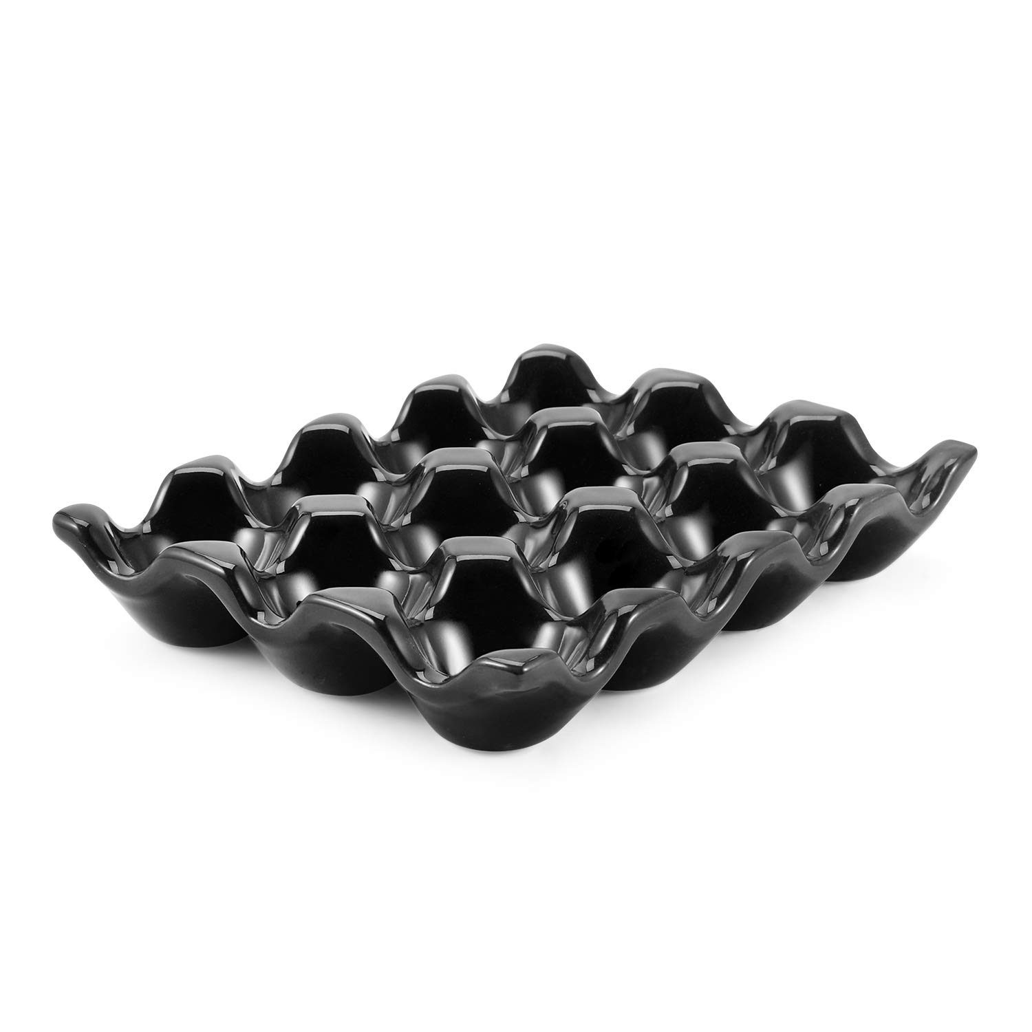 Flexzion 12 Cup Ceramic Egg Tray - Whole Dozen Porcelain Egg Holder Container Storage Organizer Decorative Serving Stand Serveware for Refrigerator Countertop