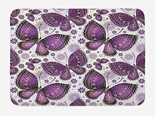 Trsdshorts Natural Bath Mat, Ethnic Asian Butterflies with Paisley Motif on Wings Flowers Art Print, Plush Bathroom Decor Mat with Non Slip Backing, 23.6 x 15.7 Inches, Plum Purple Lilac White