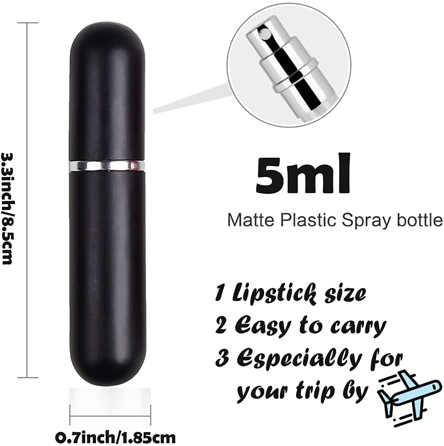 Travel Refillable Perfume Atomisers, 5ML, 3 Pcs Mini Portable Spray Bottles, Round Tube Set With 1 Flat Separated Tool, for Home Business Trip (Black+Blue+Champagne)(4pcs)