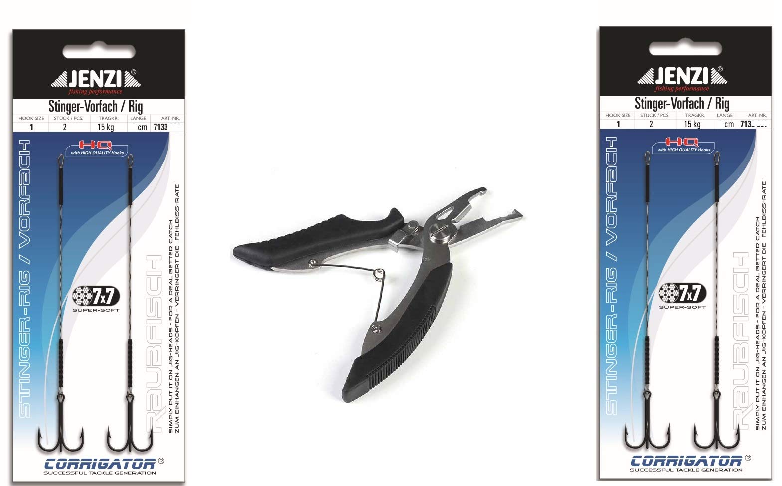 Set: 2 packs (4 pieces) Jenzi Stinger Rig 7 x 7 hook size 1, 15 kg, 11 cm + fishing scissors.