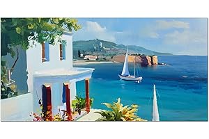 Qinzeart Mediterranean Landscape Canvas Wall Art,Hand-Painted Seascape Acrylic/Oil Painting,Beach Coast Seaside Style Multi- 