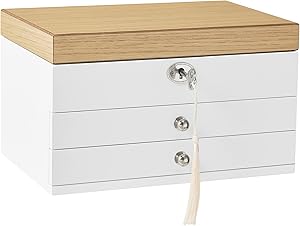 SONGMICS Schmuckkästchen 3 Ebenen, Schmuckkasten, Schmuckschatulle, großer Spiegel, 2 Schubladen, abschließbar, Geschenkidee, für Ringe, Ohrringe, Armbänder, Halsketten, weiß-holzfarben JOW15WN