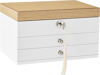 SONGMICS Schmuckkästchen 3 Ebenen, Schmuckkasten, Schmuckschatulle, großer Spiegel, 2 Schubladen, abschließbar, Geschenkidee, für Ringe, Ohrringe, Armbänder, Halsketten, weiß-holzfarben JOW15WN