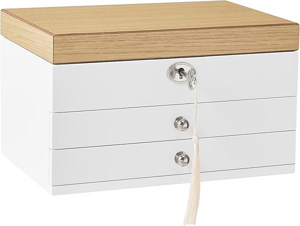 SONGMICS Schmuckkästchen 3 Ebenen, Schmuckkasten, Schmuckschatulle, großer Spiegel, 2 Schubladen, abschließbar, Geschenkidee, für Ringe, Ohrringe, Armbänder, Halsketten, weiß-holzfarben JOW15WN