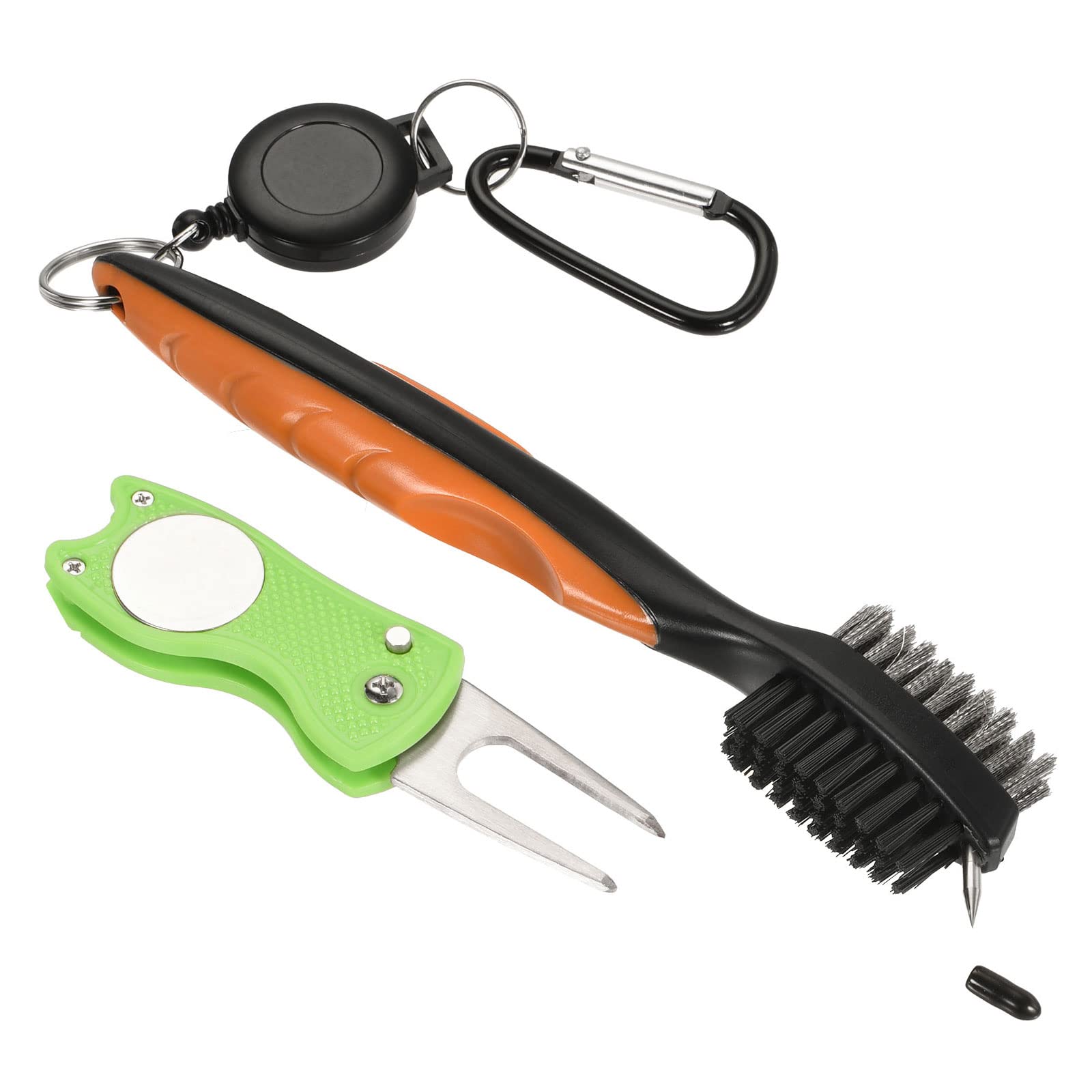 M METERXITY Golf Club Brush Kit- Golf Club Groove Cleaner Zip-line Dual Sided Bristle Cleaning Tools with Clip Divot Fork, Retractable, Apply to Outdoor (Orange)