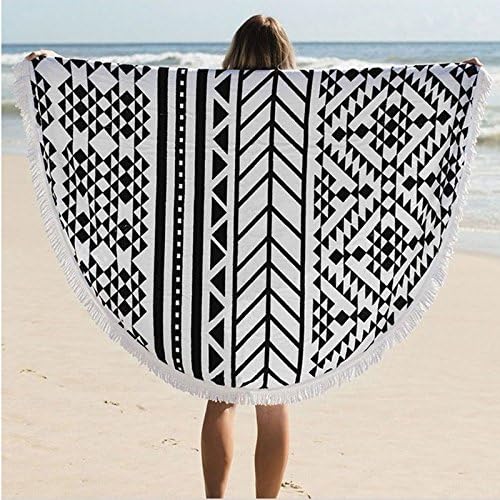 MAYWHEN Round Beach Towel Roundie Thick Throw Terry Cotton with Fringe Tassels Picnic Lunch Rug Beach Playroom Decor Yoga Mat Black and white Stripes 59 Inch