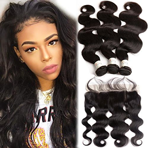 Brazilian Virgin Hair Body Wave 3 Bundles With Lace Frontal 13x4 Ear to Ear Frontal Closure With Baby Hair and Bundles 100% Unprocessed Human Hair Extensions Natural Color (24 26 28+20 frontal)