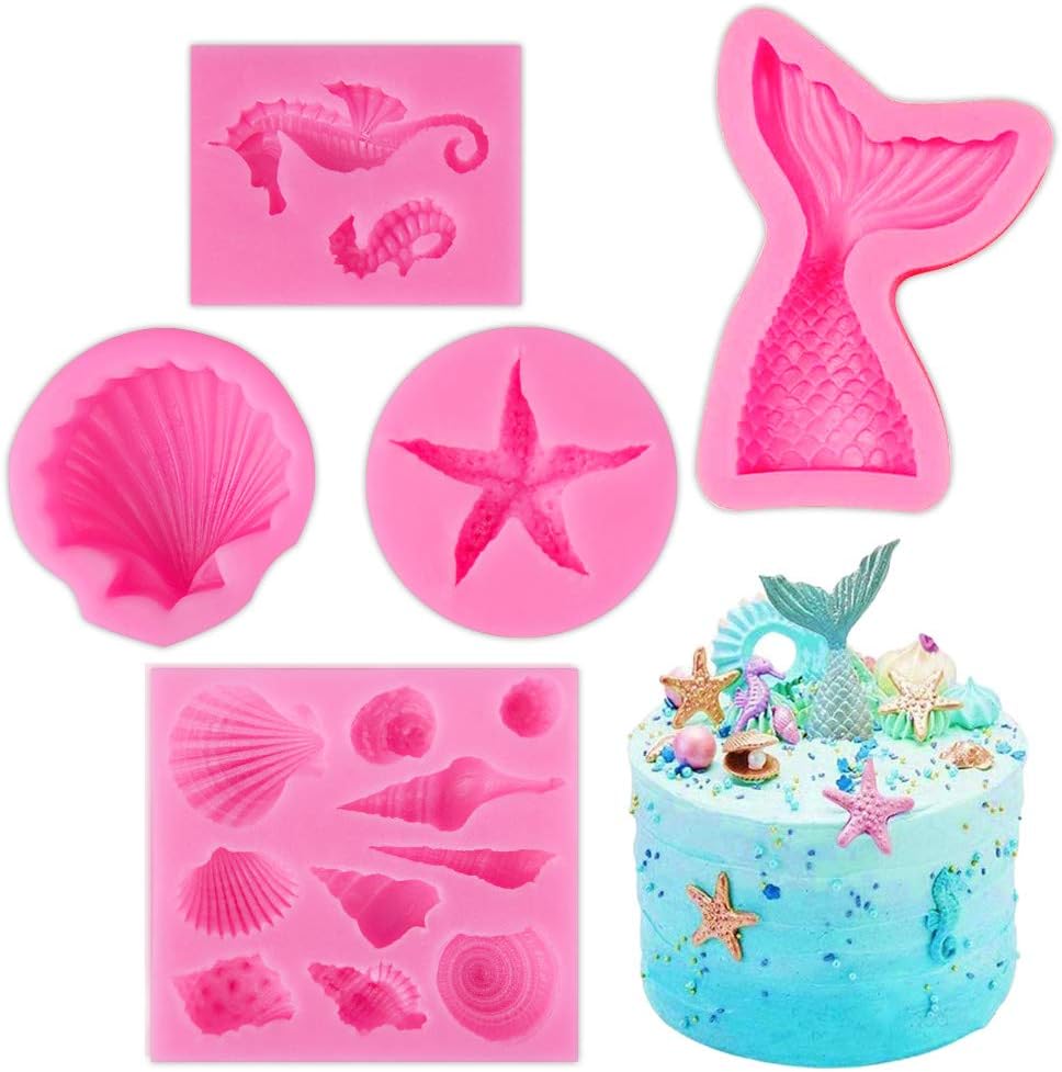 Lukovee Marine Theme Fondant Silicone Mold, Five-Piece Suit Mermaid Tail Mold, Conch, Starfish, Shell, Seahorse, DIY Handmade Baking Tools for Mermaid Theme Party Cake Decoration